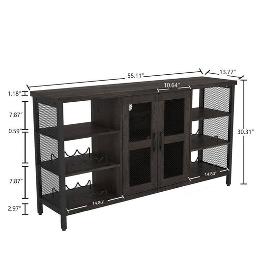 55 Inch Rustic Wood Storage Wine Bar Cabinet with Multifunctional Floor for Liquor and GlassesBlack+ Gray