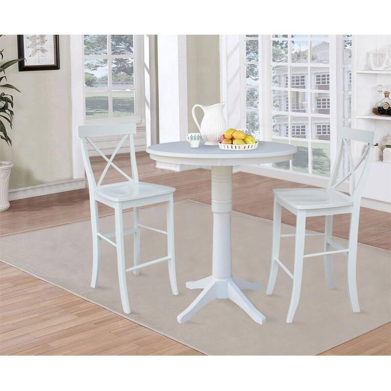 3-Piece Set Olivia White Solid Wood 36 in Round Pedestal Bar-height Table with 2 Alexa Armless Bar Stools