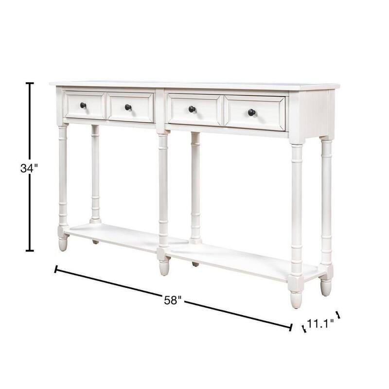 58 in. Ivory White Rectangle Wood Console Table with Two Storage Drawers and Bottom Shelf for Living Room Entryway