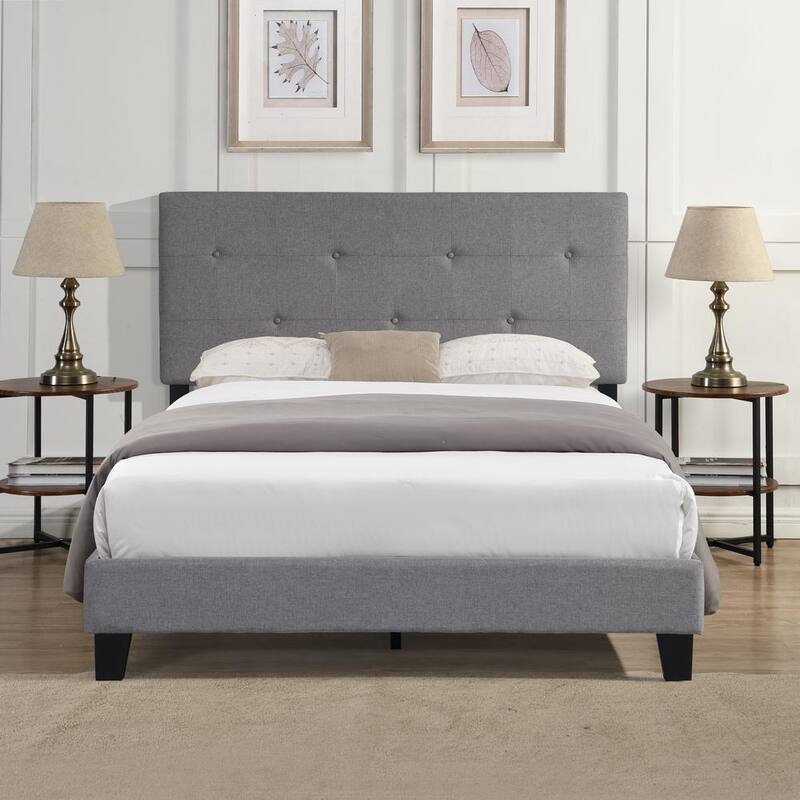 83.46 in. W Grey Queen Size Upholstered Platform Bed with Modern Button Tufted Linen Fabric Headboard