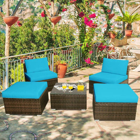 5-Piece Wicker Outdoor Sectional Set Patio Sofa Set Lounge Chair with Turquoise Cushions