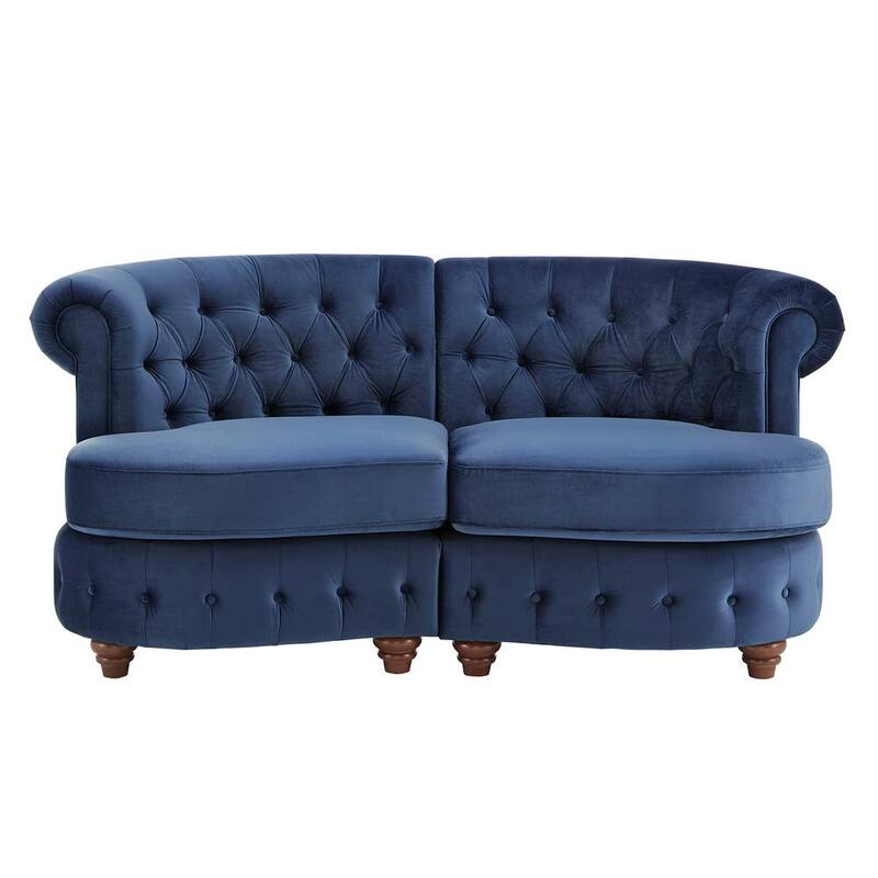 69 in. Blue Velvet Tufted Scroll Arm Chesterfield Curved 2-Seat Loveseat