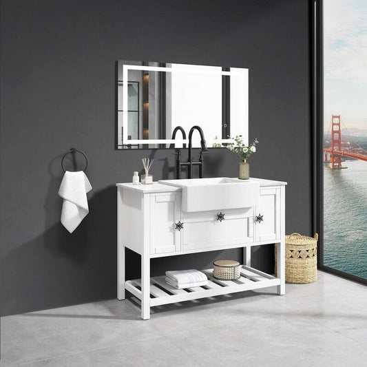 48 in. W x 20 in. D x 33.6 in. H Single Sink Bathroom Vanity in White Oak with Top in White Ceramic Basin and Mirror