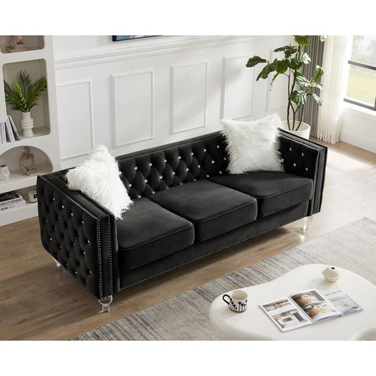 83 in. Square Arm Polyester Rectangle Sofa Set in Black with Loveseat