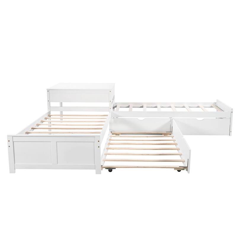 117.60 in. W White Twin L-Shaped Platform Bed with Trundle and Drawers Linked with Built-in Desk