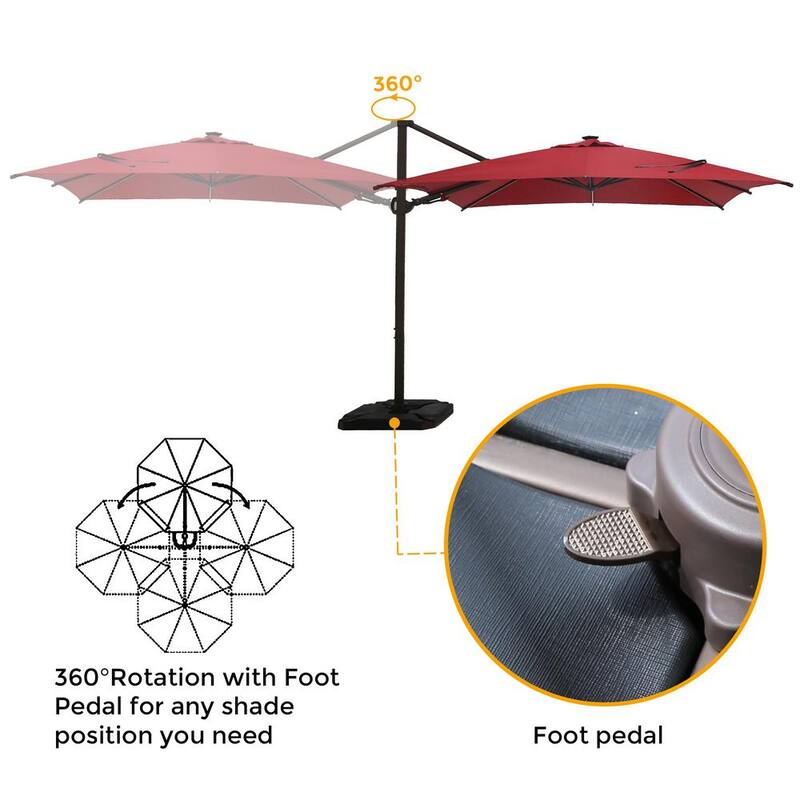 10 ft. x 10 ft. 360-Degree Rotating Aluminum Cantilever Solar Light Patio Umbrella with Base Weight in Dark Red