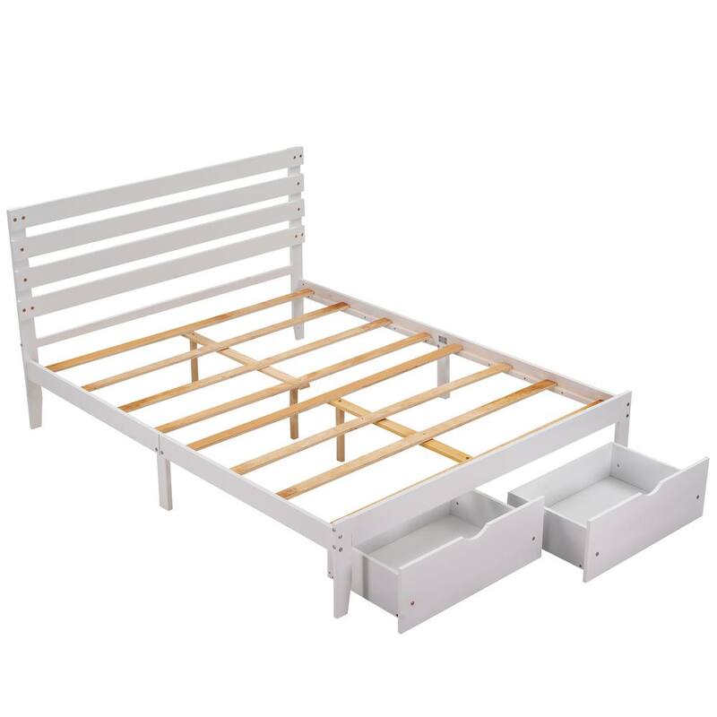 80.7 in. W White Queen Size Wood Frame Platform Bed with Drawers