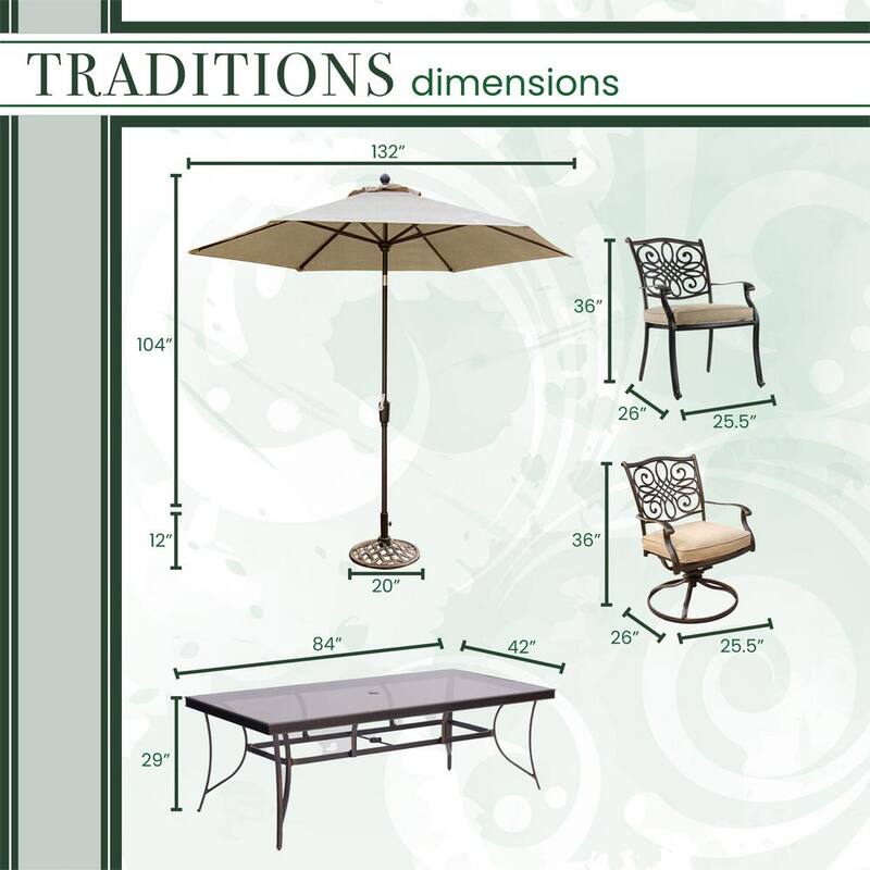 7-Piece Outdoor Dining Set with Rectangular Glass Table 2 Swivels Umbrella and Base with Natural Oat Cushions