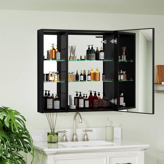 30 in. W x 30 in. H Medium Rectangular Black Aluminum Surface Mount Right Medicine Cabinet with Mirror and 3-Open Shelf