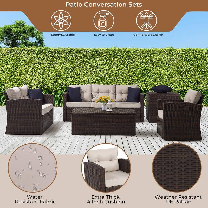 5-Piece Wicker Outdoor Patio Sectional Conversation Seating Set with Light Grey Cushions