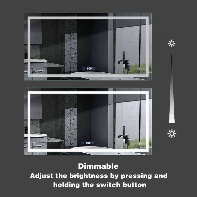 72 in. W x 38 in. H Oversized Rectangular Frameless LED Dimmable Wall Bathroom Vanity Mirror with Clock in Silver