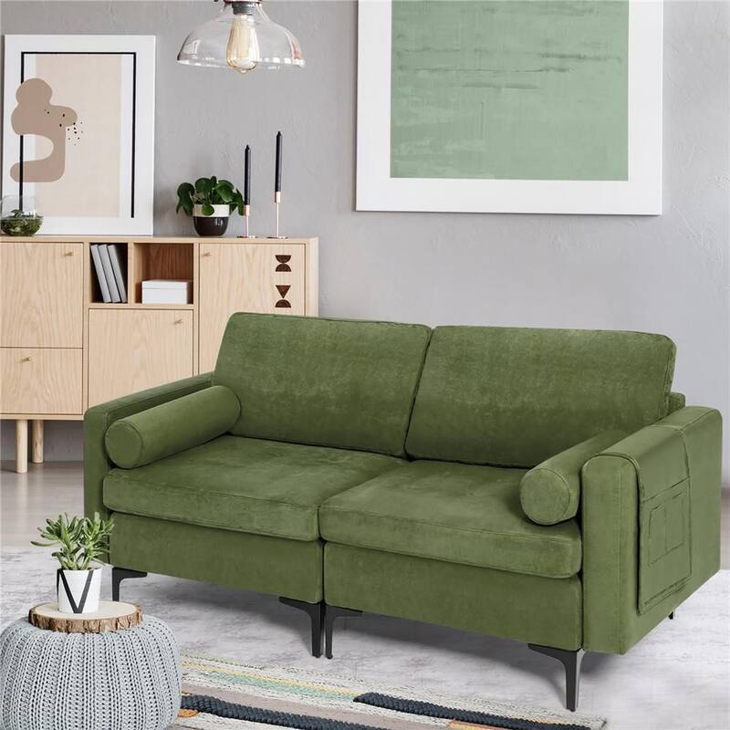 68 in W Suede Modern Loveseat 2-Seat Sofa Couch with 2 Bolsters and Side Storage Pocket Army Green