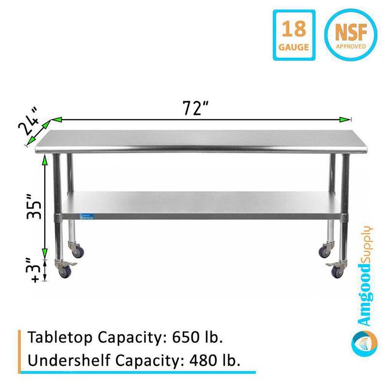 24 in. x 72 in. Stainless Steel Work Table with Casters : Mobile Metal Kitchen Utility Table with Bottom Shelf