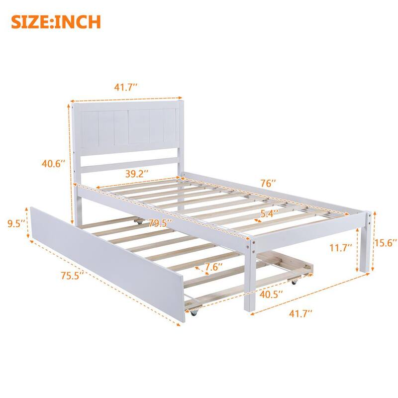 80 in. W White Twin Size Platform Bed Wood Platform Bed with Trundle