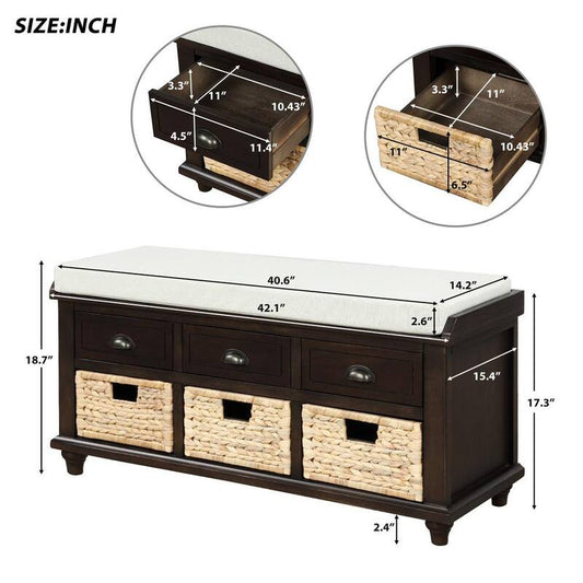 19 in. H x 42 in. L x 15 in. W Rustic Espresso Storage Bench with 3-Drawers 3-Rattan Baskets Shoe Bench for Entryway