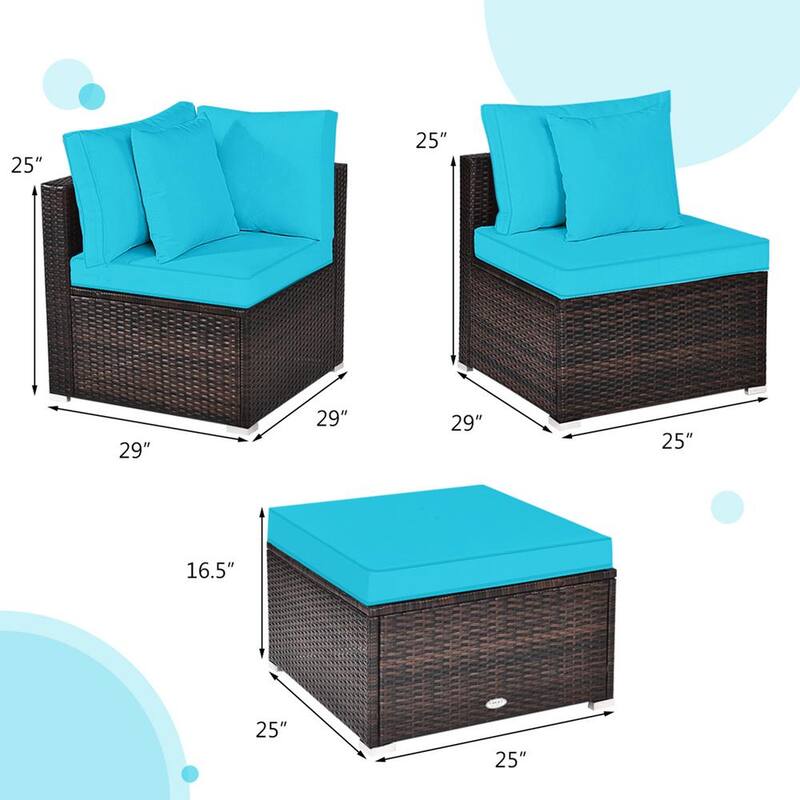 4-Pieces Rattan Patio Conversation Furniture Set Yard Outdoor with Turquoise Cushion