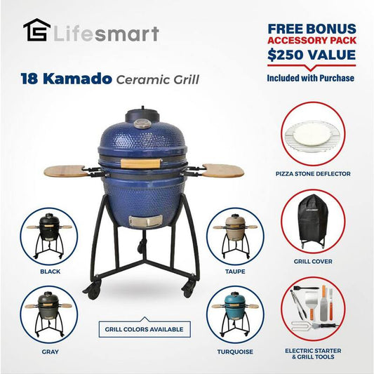 18 in. Kamado Ceramic Charcoal Grill in Turquoise with Free Cover Electric Starter and Pizza Stone