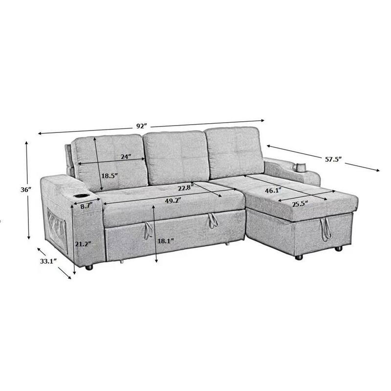 57.5 in W Square Arm 1-piece L Shaped Fabric Sectional Sofa in Gray