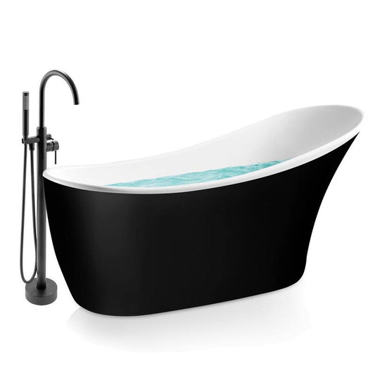 63 in. Glossy Black Acrylic Tub for Bathtub with Tub Filler combo - Modern Flat Bottom Stand Alone Tub