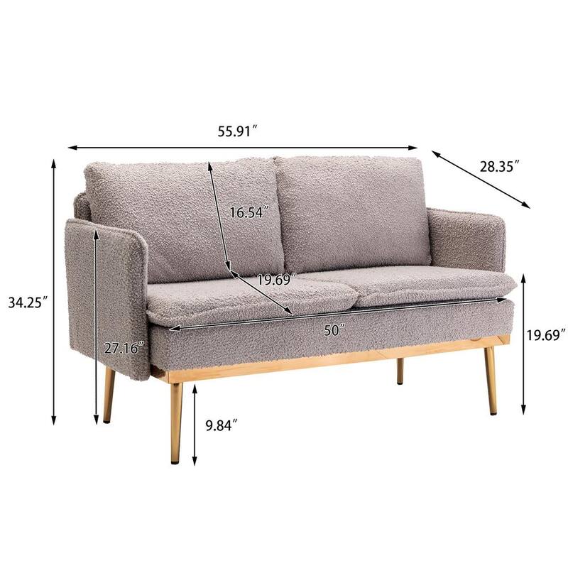 55.91 in. W Round Arm Velvet 2-Seater Loveseat with Iron Feet in Grey Teddy