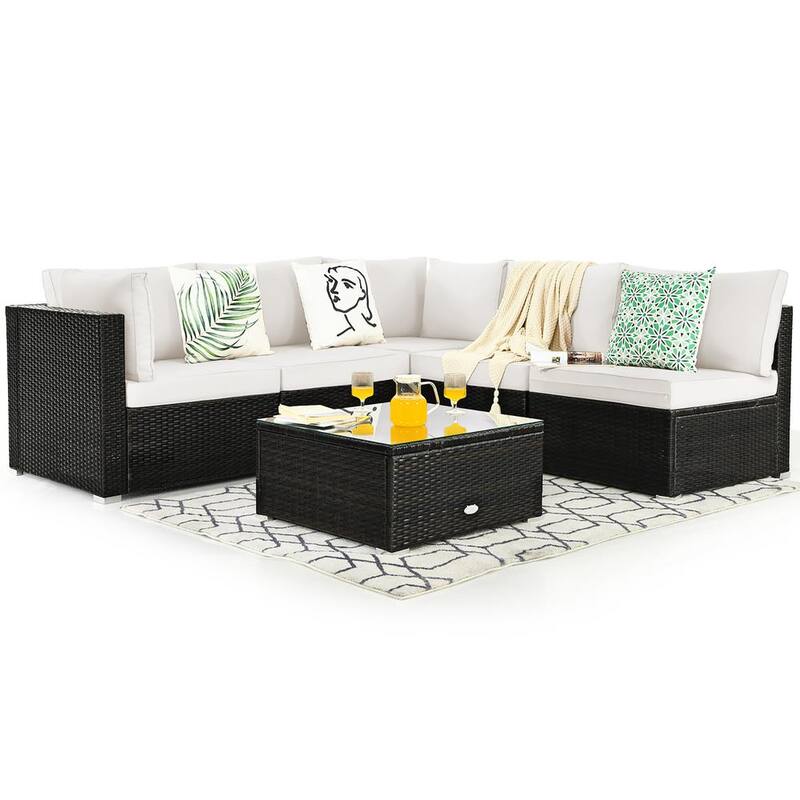 6-Piece Patio Rattan Furniture Set Sofa Coffee Table Garden with White Cushions