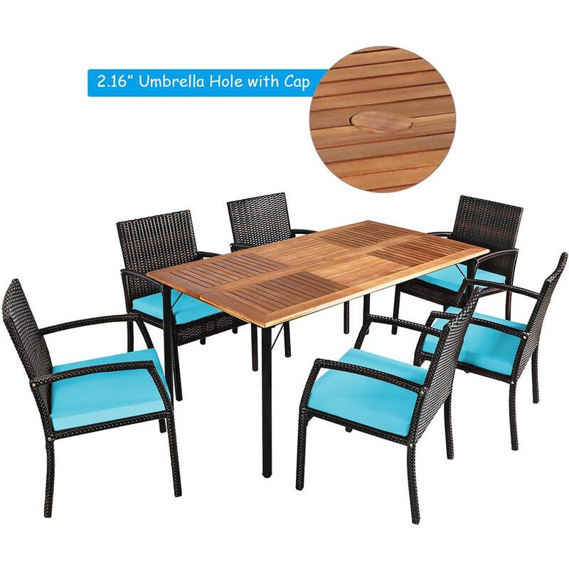 7-Piece Wicker Rectangular Outdoor Dining Set with Turquoise Cushions