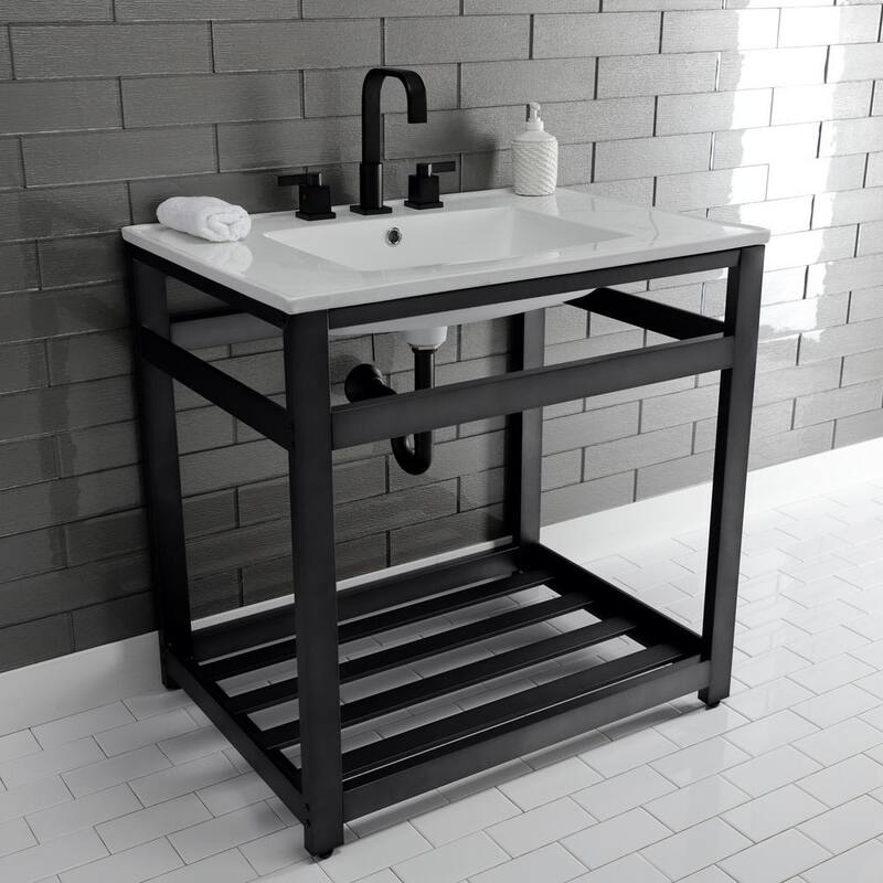 31 in. Ceramic Console Sink 8 in. in 3-Hole with Stainless Steel Base in Matte Black