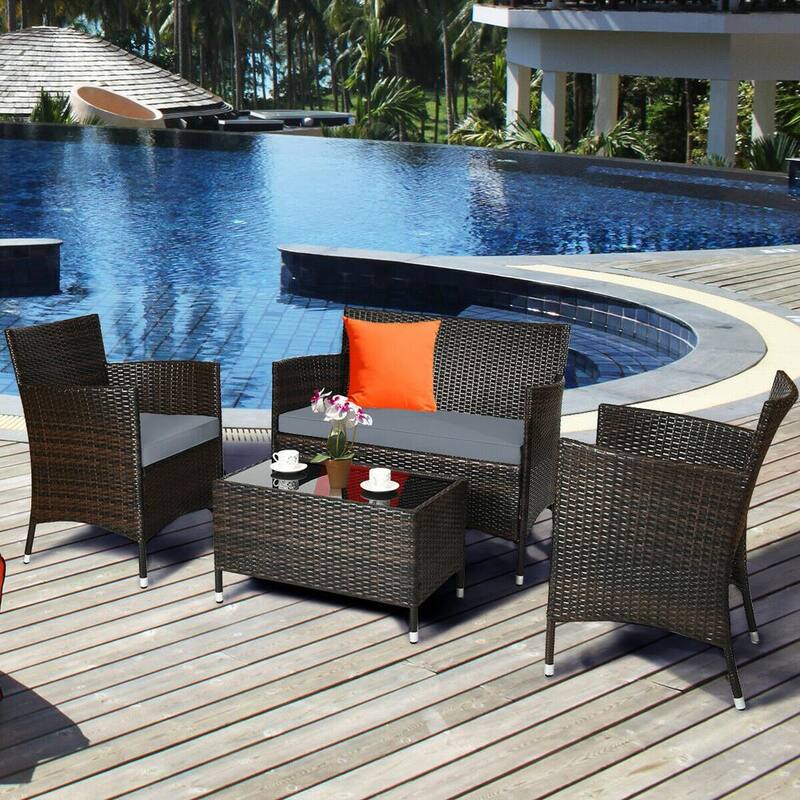 4-Piece Wicker Patio Conversation Set with Gray Cushions