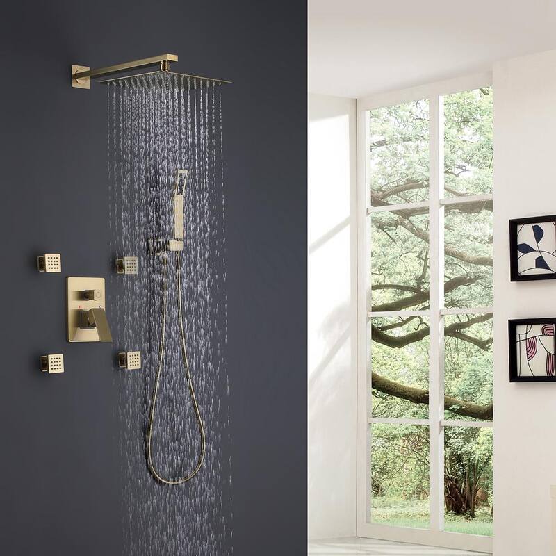 1-Spray Patterns with 1.8 GPM 10 in. Wall Mount Rain Dual Shower Heads with Body Jets in Brushed Gold