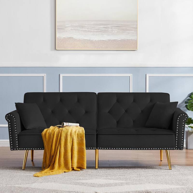 76.7 in. W Black Velvet Twin Size Sofa Bed with 2-Pillows and Nailhead Trim Loveseat Sofa Futon