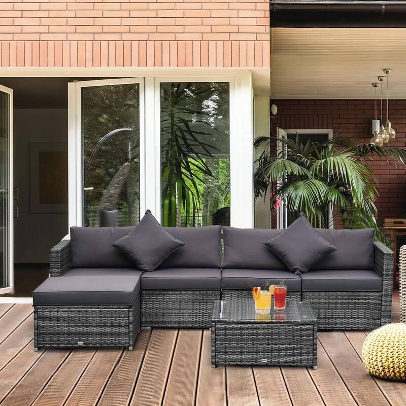 6-Piece Wicker Patio Conversation Set with Gray Cushions and Throw Pillows