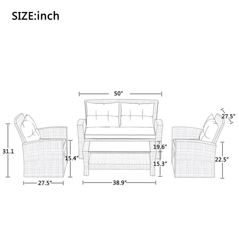 4-Piece Beige Brown Wicker Sectional Sofa with Beige Cushions