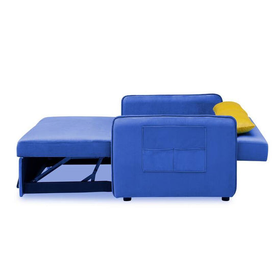 54 in. W Square Arm Velvet Straight Reclining Sofa Pull Out Bed in Blue