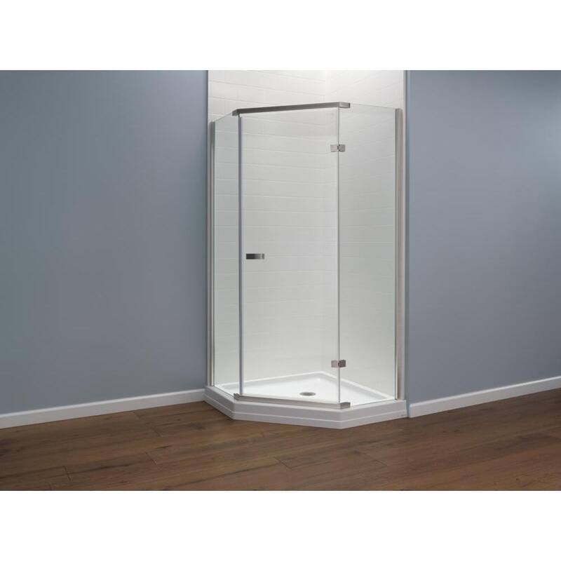 38 in. x 72 in. Semi-Frameless Pivot Door in Stainless with 38 in. x 38 in. Neo Angle Corner Shower Base in White