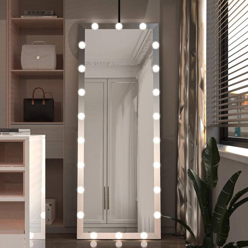 24 in. W x 63 in. H Rectangle Aluminium Frame Silver Mirror Full Length Dressing Mirror with LED Bulbs Touch Control