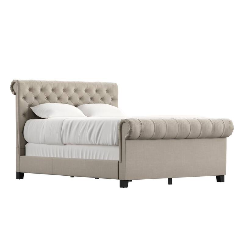 66.54 in. W Beige Linen Rolled Top Tufted Chesterfield Queen Headboard