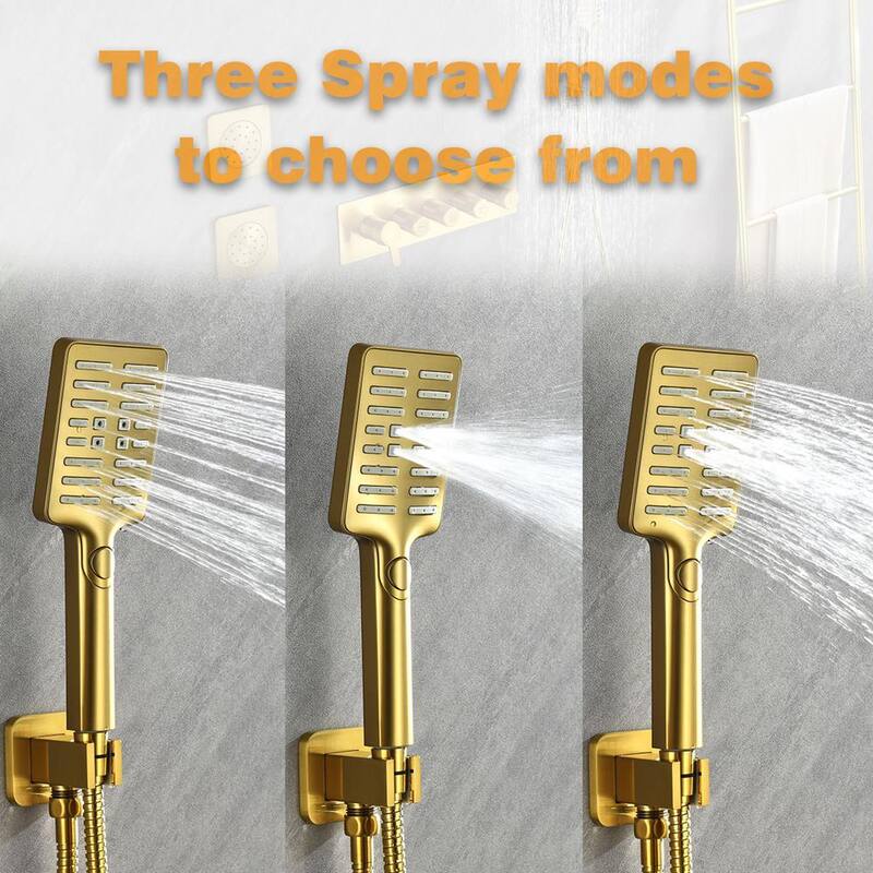 3-Spray Waterfall High Pressure Wall Mounted Shower System with 3 Body Sprays and Handheld Shower in Gold