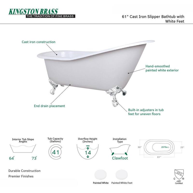 61 in. Cast Iron Slipper Clawfoot Non-Whirlpool Bathtub in White