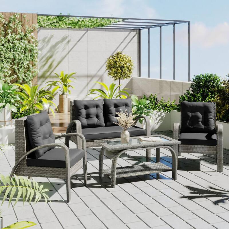 4-Piece Rattan Wicker Patio Conversation Set with Glass Tea Table Gray Cushions