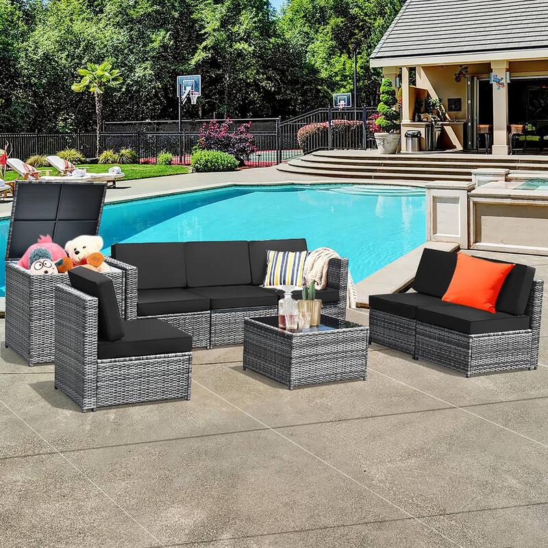 8-Piece Wicker Outdoor Sectional Set with Black Cushions