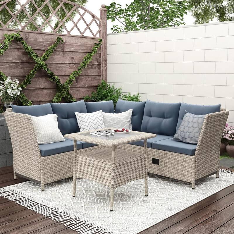 4-Piece Natural Wicker Outdoor Sectional Set with Adjustable Backs Gray Cushions