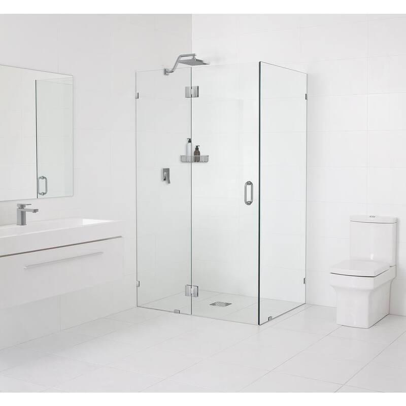 55 in. W x 37 in. D x 78 in. H Pivot Frameless Corner Shower Enclosure in Brushed Nickel Finish with Clear Glass