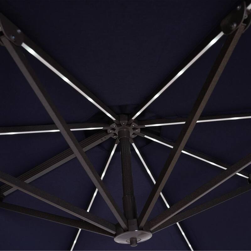 11 ft. Solar LED Outdoor Market Cantilever Patio Umbrella in Blue with Crank and Base