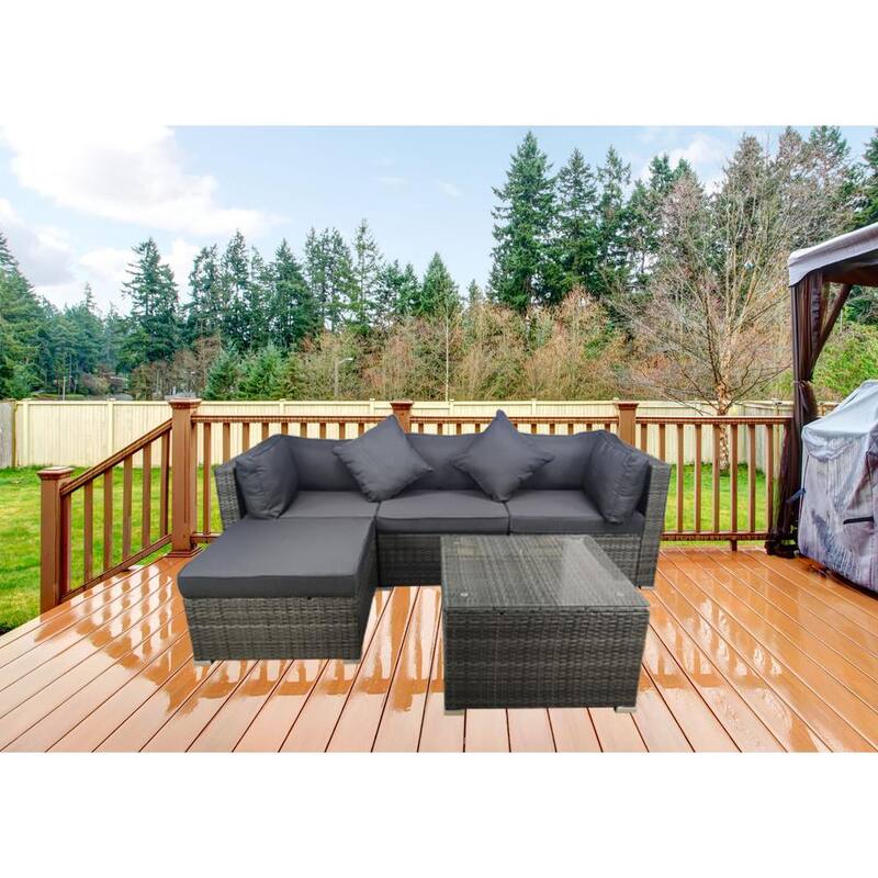 5-Piece Wicker Patio Conversation Set with Gray Cushions and Throw Pillows