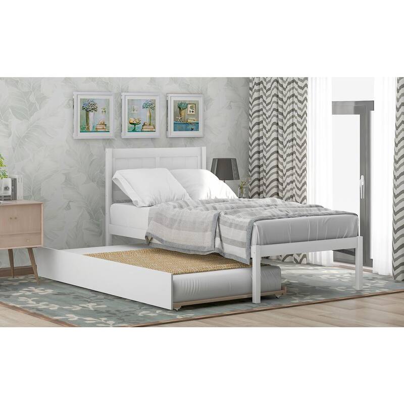 80 in. W White Twin Size Platform Bed Wood Platform Bed with Trundle