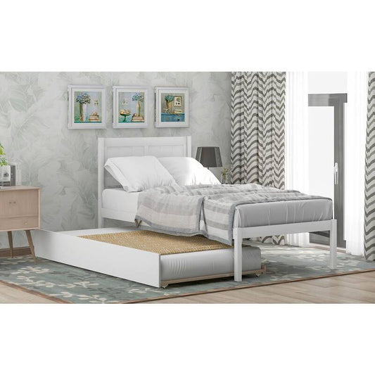 80 in. W White Twin Size Platform Bed Wood Platform Bed with Trundle