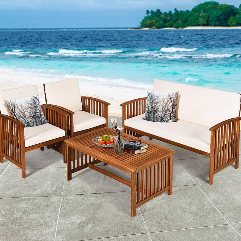 4-Piece Acacia Wood Patio Conversation Set with White Cushions