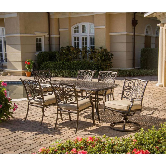 7-Piece Aluminum Rectangular Outdoor Dining Set with 2 Swivel Chairs Protective Cover and Natural Oat Cushions included