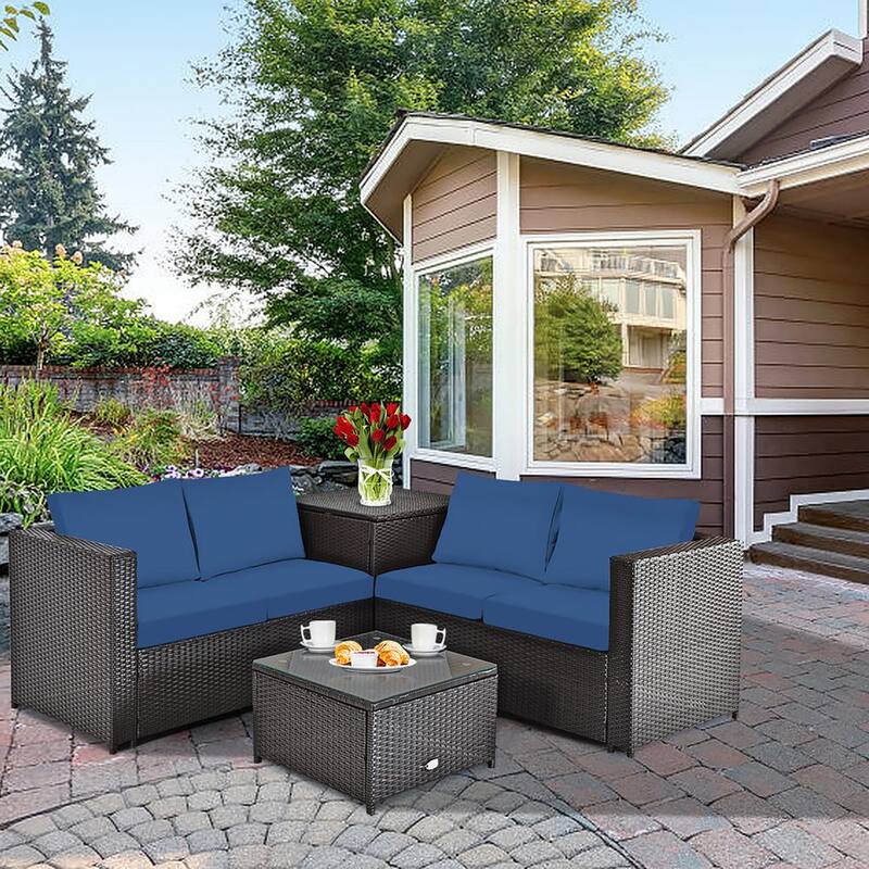 8-Piece Wicker Outdoor Loveseat with Navy Cushions