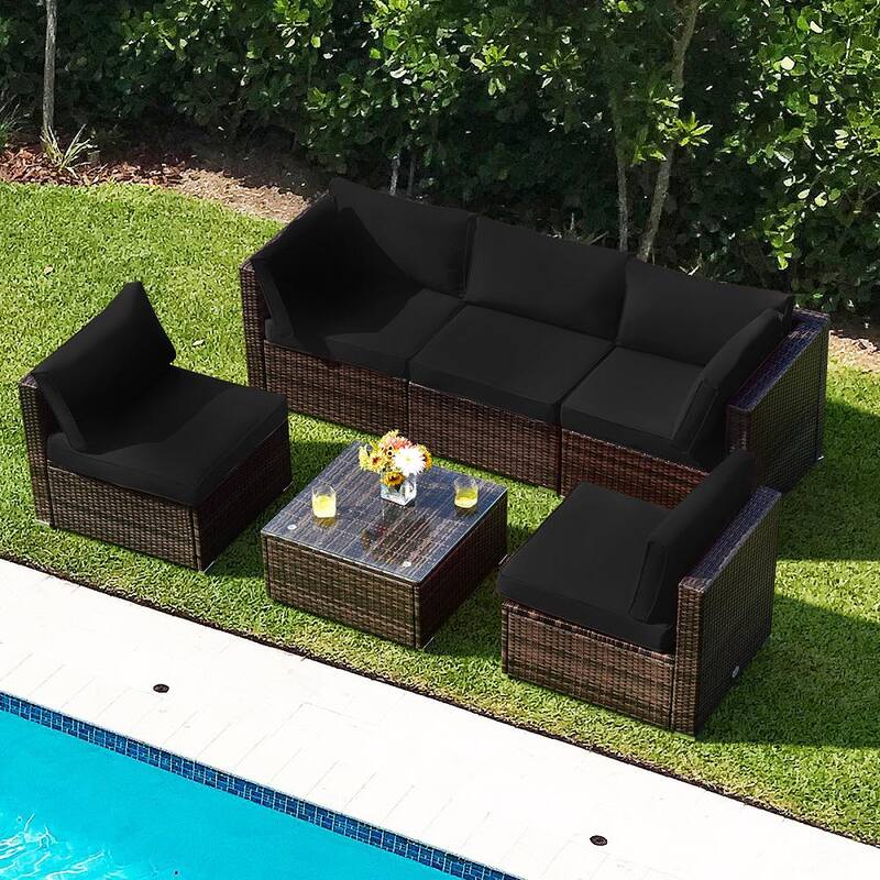 6-Piece Wicker Outdoor Sectional Conversation Furniture Set with Coffee Table Black Cushions